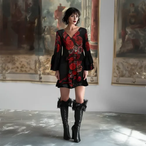 Scarlet silk print tunic with ruffles