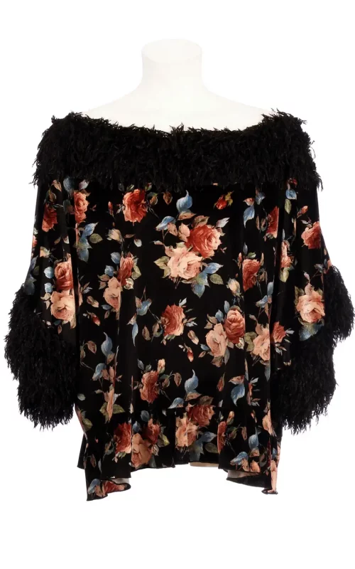 Stretch floral print cape with eco fur trim