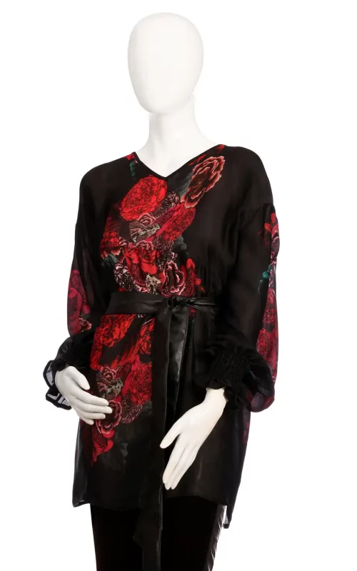 Silk sumptuous scarlet print waist cut tunic