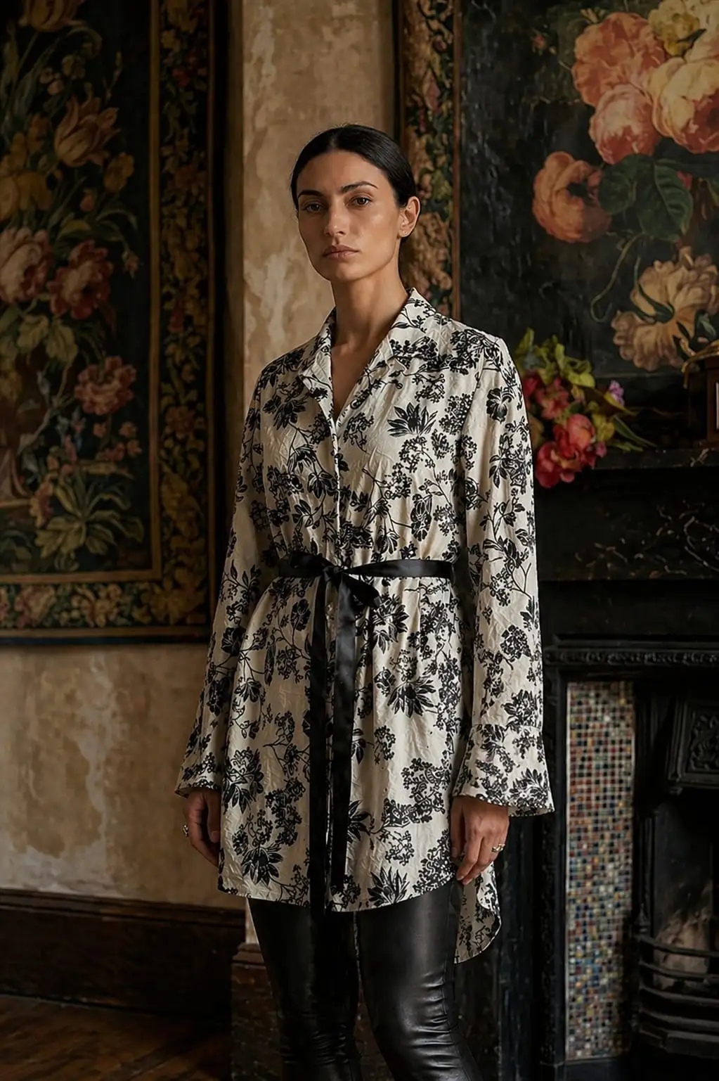 Black and white rose print signature blouse